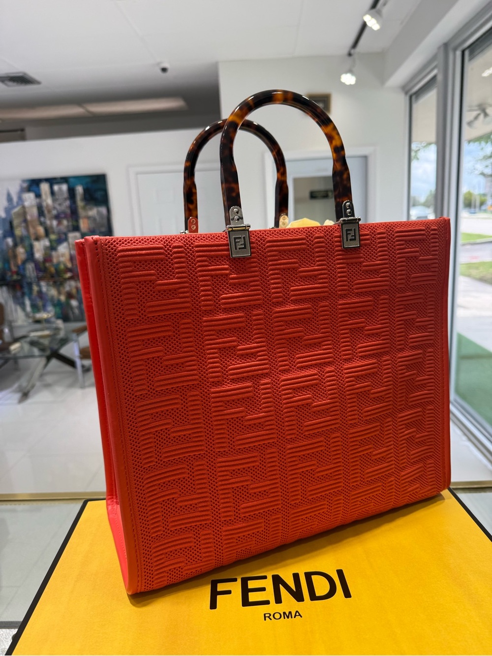 Fendi Red Embossed Shopper Tote with Tortoiseshell Handles